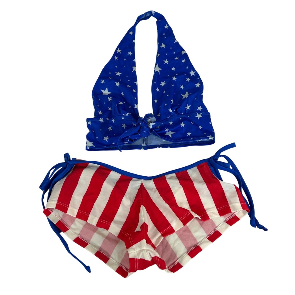 Zuliana USA Stars and Stripes Americana Bikini Set Halter Top Boy Shorts OS